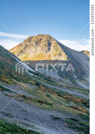 View of Mount Asahi and Mount Shirouma with autumn leaves from the border of the three countries. Traverse from Mount Shirouma to Mount Yukikura in the Northern Alps. 135835483