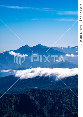 View of Mt. Hiuchi and Mt. Yake from the summit of Mt. Yukikura. Traverse from Mt. Shirouma to Mt. Yukikura in the Northern Alps. View of Mt. Hiuchi and Mt. Yake from the summit of Mt. Yukikura. Traverse from Mt. Shirouma to Mt. Yukikura in the Northern Alps. 135835506