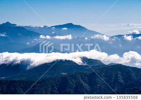 從雪倉山頂眺望妙高山。這是一條從白馬山到北阿爾卑斯山脈雪倉山的健行路線。 135835508