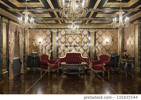 Luxurious Gold and Marble Victorian Style Lounge With Red Velvet Furniture and Ornate Decor Luxurious Gold and Marble Victorian Style Lounge With Red Velvet Furniture and Ornate Decor 135835544