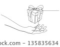 Continuous One Line Drawing of a Hand and Gift Box eps10 135835634