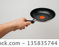 Stainless steel frying pan waiting on a kitchen countertop, ready to be used for cooking, close up 135835744