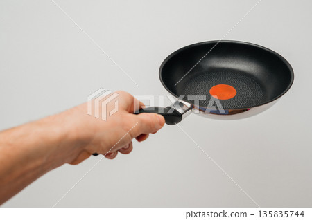 Stainless steel frying pan waiting on a kitchen countertop, ready to be used for cooking, close up Stainless steel frying pan waiting on a kitchen countertop, ready to be used for cooking, close up 135835744