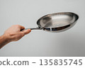 Stainless steel frying pan waiting on a kitchen countertop, ready to be used for cooking, close up 135835745