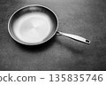 Stainless steel frying pan waiting on a kitchen countertop, ready to be used for cooking, close up 135835746