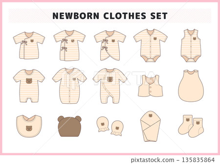 一套圖文並茂的新生兒服裝和育兒用品，包括連身衣、內衣和圍兜。 135835864