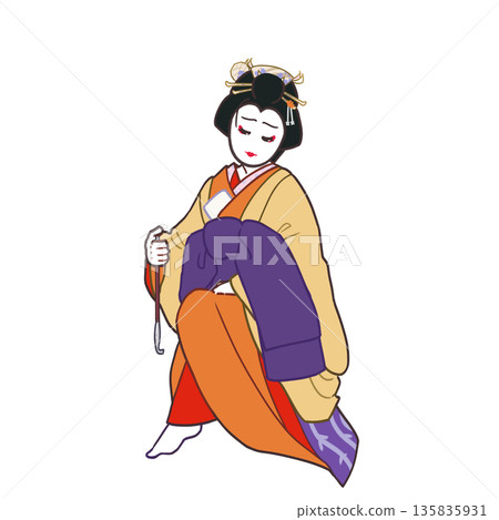 一位身著和服、低垂著眼簾、手持煙鬥的男扮女裝者 一位身著和服、低垂著眼簾、手持煙鬥的男扮女裝者 135835931