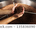 High detailed shot of male hands carefully holding fresh roasted coffee beans above cooling drum  135836090