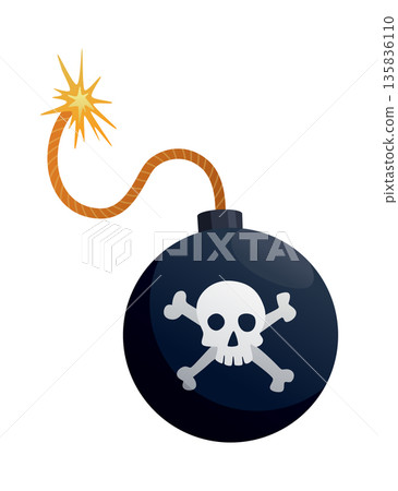 A black round bomb. Burning bomb in flat style. Cartoon bomb with burning fuse on white background. Bomb icon 135836110