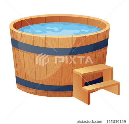 Wooden bath. Wood tub, cartoon rustic water bath barrel for public sauna traditional banya or onsen japanese hot spring, wellness relaxing bathtub basin neat vector illustration of tub bath wooden Wooden bath. Wood tub, cartoon rustic water bath barrel for public sauna traditional banya or onsen japanese hot spring, wellness relaxing bathtub basin neat vector illustration of tub bath wooden 135836139