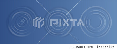 Water ripple effect top view set. Realistic caustic drop or sound wave splash effects, concentric circles in puddle. Vector set round wave surfaces on transparent background Water ripple effect top view set. Realistic caustic drop or sound wave splash effects, concentric circles in puddle. Vector set round wave surfaces on transparent background 135836146