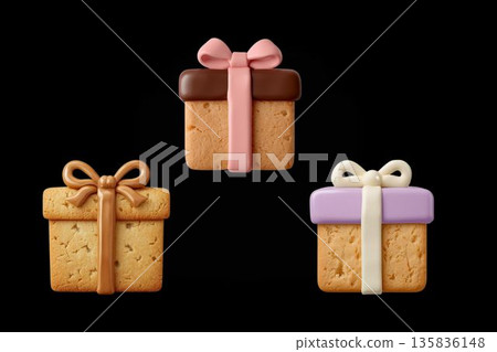 一組3個情人節禮物造型糖霜餅乾 | 逼真的甜點插圖，正面圖 135836148
