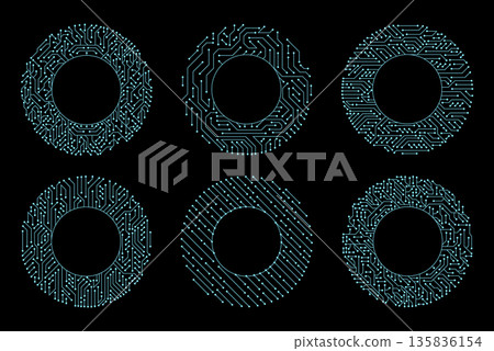 Circuit board circle frames. Abstract digital round frame, hardware board and electronic motherboard pattern vector set. Programming science, computer system elements 135836154