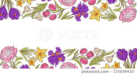 Floral border illustration with flat style spring flower forming top and bottom decoration. Elegant botanical background with white space, suitable for greeting cards, invitations and banners. 135836410