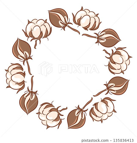 Decorative cotton wreath with bolls and leaves in soft flat style on white background. Botanical circular frame with empty center for textile design, packaging, branding and eco concept. Decorative cotton wreath with bolls and leaves in soft flat style on white background. Botanical circular frame with empty center for textile design, packaging, branding and eco concept. 135836413