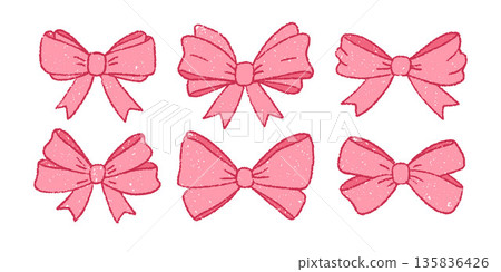 Cute pink coquette bows and knotted ribbons with grunge texture. Hand-drawn crayon bows in whimsical style. Various sketched girly vintage accessories in romantic aesthetic. Vector set. Cute pink coquette bows and knotted ribbons with grunge texture. Hand-drawn crayon bows in whimsical style. Various sketched girly vintage accessories in romantic aesthetic. Vector set. 135836426