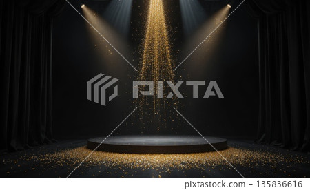 Spotlight Shines on Stage With Golden Particles Falling Around and Dark Curtain Backdrop 135836616