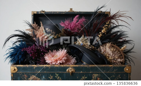 Collection of Hats and Decorations in a Vintage Chest Filled With Flowers and Feathers 135836636