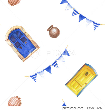 Seamless pattern with blue and yellow doors, blue and white triangular flags, brown ceramic pots on an isolated background. Watercolor illustration with traditional Greek elements for tourism business Seamless pattern with blue and yellow doors, blue and white triangular flags, brown ceramic pots on an isolated background. Watercolor illustration with traditional Greek elements for tourism business 135836692