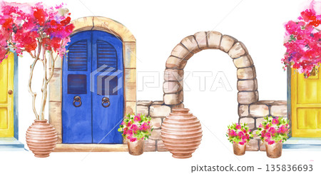 Seamless border with traditional Greek architectural elements on an isolated background. Watercolor illustration with bright doors, stone arch and pink flowers in ceramic pots. A seamless template for Seamless border with traditional Greek architectural elements on an isolated background. Watercolor illustration with bright doors, stone arch and pink flowers in ceramic pots. A seamless template for 135836693