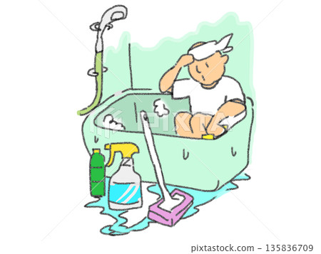 描繪一個人清潔浴缸的插圖 135836709