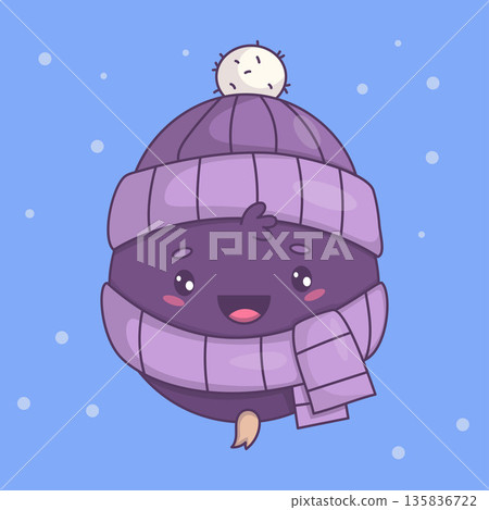 Winter Blackcurrant Character. Cute Kawaii Berry Mascot with Purple Hat and Scarf for Christmas and Seasonal Design. Vector illustration Winter Blackcurrant Character. Cute Kawaii Berry Mascot with Purple Hat and Scarf for Christmas and Seasonal Design. Vector illustration 135836722