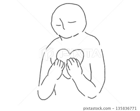 Line drawing illustration of a person making a heart with their hands Line drawing illustration of a person making a heart with their hands 135836771