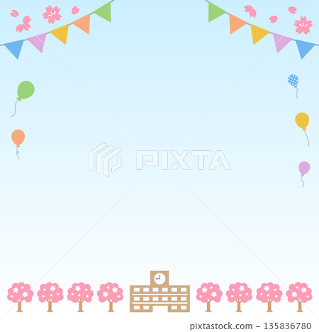 School background material for cherry blossom season with garlands and balloons, square School background material for cherry blossom season with garlands and balloons, square 135836780