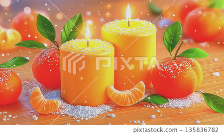 Candles Flickering With Mandarins And Sugar Crystals Evoke Cozy Holiday Baking Scenes Filled With Cheer 135836782