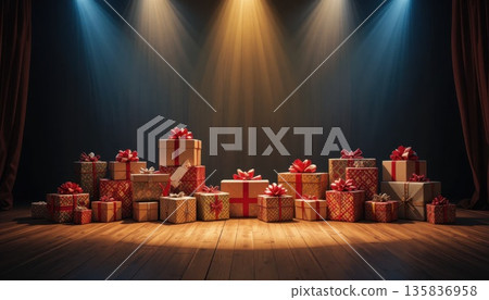 Presents Arranged on Stage With Lights Shining During Holiday Season Celebration 135836958