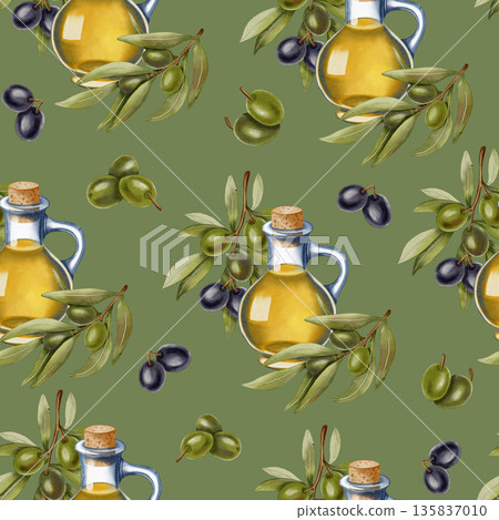 Hand-drawn watercolor seamless pattern with olive oil bottles, green and black olives, and branches. Food illustration. Ideal for kitchen, food, and packaging design. Hand-drawn watercolor seamless pattern with olive oil bottles, green and black olives, and branches. Food illustration. Ideal for kitchen, food, and packaging design. 135837010