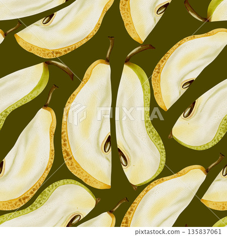Hand painted watercolor seamless pattern featuring vertical, segmented slices of pear fruit. Pear slice with pits. Great for creative food packaging, textile, art prints, and contemporary decor Hand painted watercolor seamless pattern featuring vertical, segmented slices of pear fruit. Pear slice with pits. Great for creative food packaging, textile, art prints, and contemporary decor 135837061