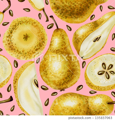 Hand painted watercolor seamless pattern with various pear slices, halves, and whole fruits. Ideal for food packaging, textile, menu backgrounds, and modern design Hand painted watercolor seamless pattern with various pear slices, halves, and whole fruits. Ideal for food packaging, textile, menu backgrounds, and modern design 135837063