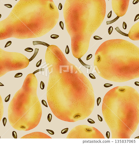 A seamless hand-drawn watercolor pattern featuring ripe yellow pears. A great choice for packaging, textiles, wrapping paper, wallpaper, and fabric designs. A seamless hand-drawn watercolor pattern featuring ripe yellow pears. A great choice for packaging, textiles, wrapping paper, wallpaper, and fabric designs. 135837065
