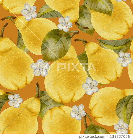 Seamless hand-drawn watercolor pattern featuring pears and delicate white flowers and leaves. Perfect for packaging, textiles, wallpaper, and fabric printing 135837066