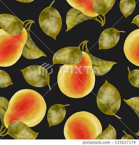 Seamless hand-drawn watercolor pattern featuring pears and delicate white flowers and leaves. Perfect for packaging, textiles, wallpaper, and fabric printing Seamless hand-drawn watercolor pattern featuring pears and delicate white flowers and leaves. Perfect for packaging, textiles, wallpaper, and fabric printing 135837174