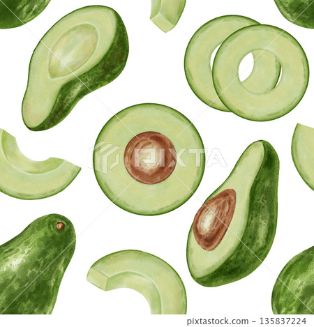 A seamless watercolor pattern featuring hand-drawn avocados cut in half. Perfect for retail, packaging, menus, branding, textiles, wrapping paper, and organic product design. A seamless watercolor pattern featuring hand-drawn avocados cut in half. Perfect for retail, packaging, menus, branding, textiles, wrapping paper, and organic product design. 135837224