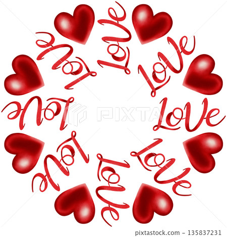 Hand-drawn watercolor illustration of a wreath with red hearts. Symbol of love, passion, and romance. Perfect for romantic designs, Valentine's Day and wedding invitations, packaging, textiles, cards Hand-drawn watercolor illustration of a wreath with red hearts. Symbol of love, passion, and romance. Perfect for romantic designs, Valentine's Day and wedding invitations, packaging, textiles, cards 135837231