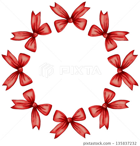 Watercolor illustration of a hand-drawn silk bow wreath. A decorative element for gifts, fashion, Valentine's Day, weddings, and romantic celebrations. 135837232