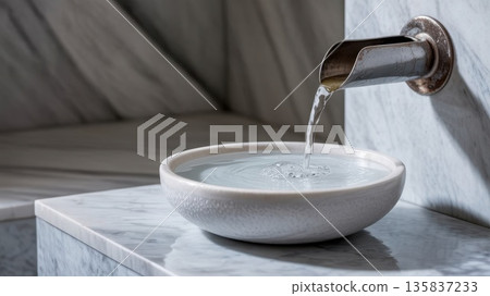 White Hammam Bowl With Water Flowing From a Spout in a Minimalist Bathroom Setting White Hammam Bowl With Water Flowing From a Spout in a Minimalist Bathroom Setting 135837233