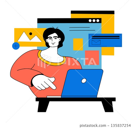 Search job. Young man finding vacancy in internet. Computer browser windows. Web technology. Employee hiring. Online information analysis. Guy working at laptop. Business employment. Vector concept 135837254