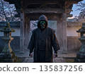 Dark Masked Warrior Guarding Ancient Japanese Temple with Mysterious Power. 135837256
