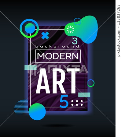 Abstract graphic design frame. Modern art card. Flat gradient spots. Curve forms. Wire curls cover. Line circles. Color cross. Creative memphis background. Flyer layout. Vector geometric web banner 135837265