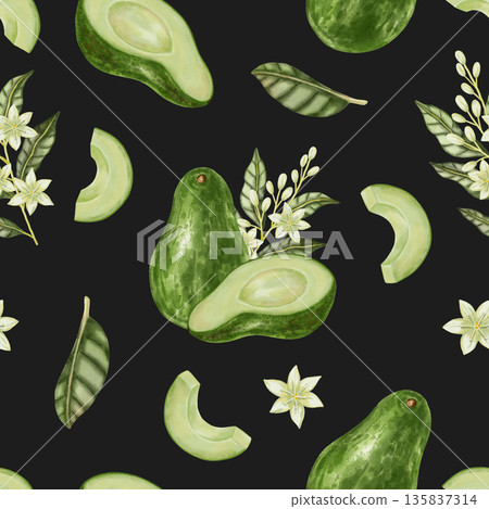 A seamless watercolor pattern featuring hand-drawn avocados, slices, and flowering branches. Perfect for retail, packaging, menus, branding, textiles, wrapping paper, and organic product design. A seamless watercolor pattern featuring hand-drawn avocados, slices, and flowering branches. Perfect for retail, packaging, menus, branding, textiles, wrapping paper, and organic product design. 135837314