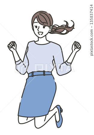 A woman in office casual clothes jumping with joy A woman in office casual clothes jumping with joy 135837414