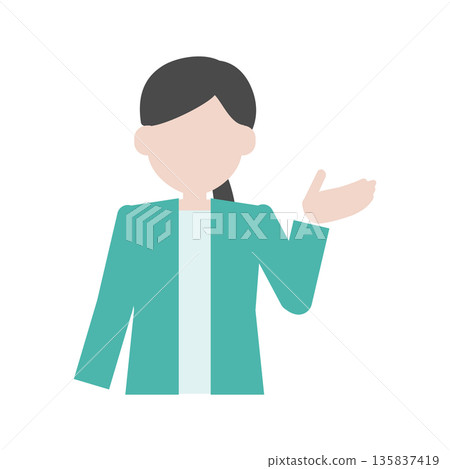 一位女士正面講解－圖解：人物呈現指導姿勢，掌心向上 135837419