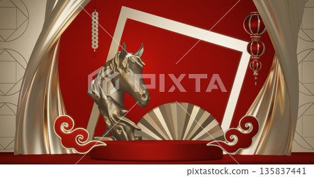 Year of the Horse ,Red Podium, minimal red geometric design.3D rendering Year of the Horse ,Red Podium, minimal red geometric design.3D rendering 135837441