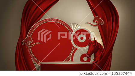 Year of the Horse ,Red Podium, minimal red geometric design.3D rendering Year of the Horse ,Red Podium, minimal red geometric design.3D rendering 135837444