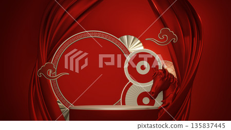 Year of the Horse ,Red Podium, minimal red geometric design.3D rendering Year of the Horse ,Red Podium, minimal red geometric design.3D rendering 135837445