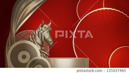 Abstract China Podium, minimal red color geometric design.3D rendering Abstract China Podium, minimal red color geometric design.3D rendering 135837465